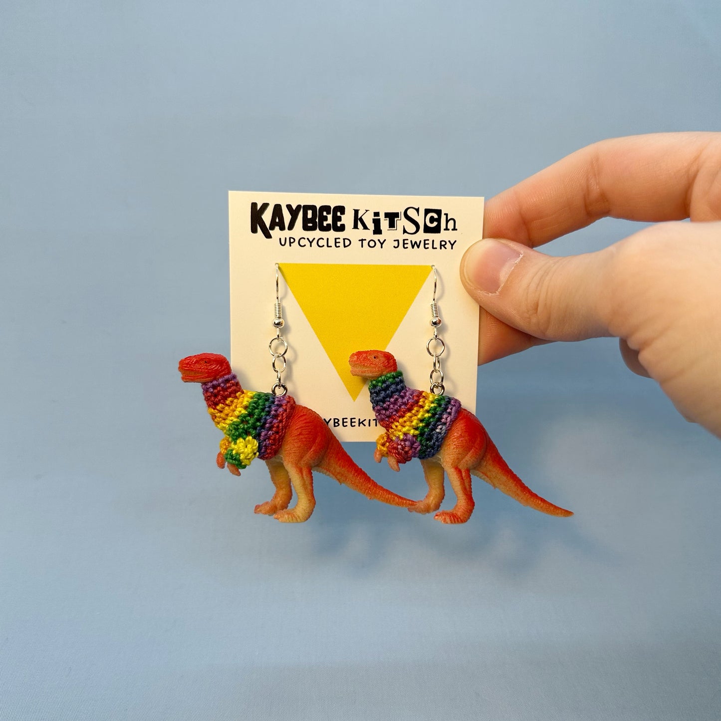 Red Dinosaur Large "Sweater Friend" Earrings - Rainbow Sweaters