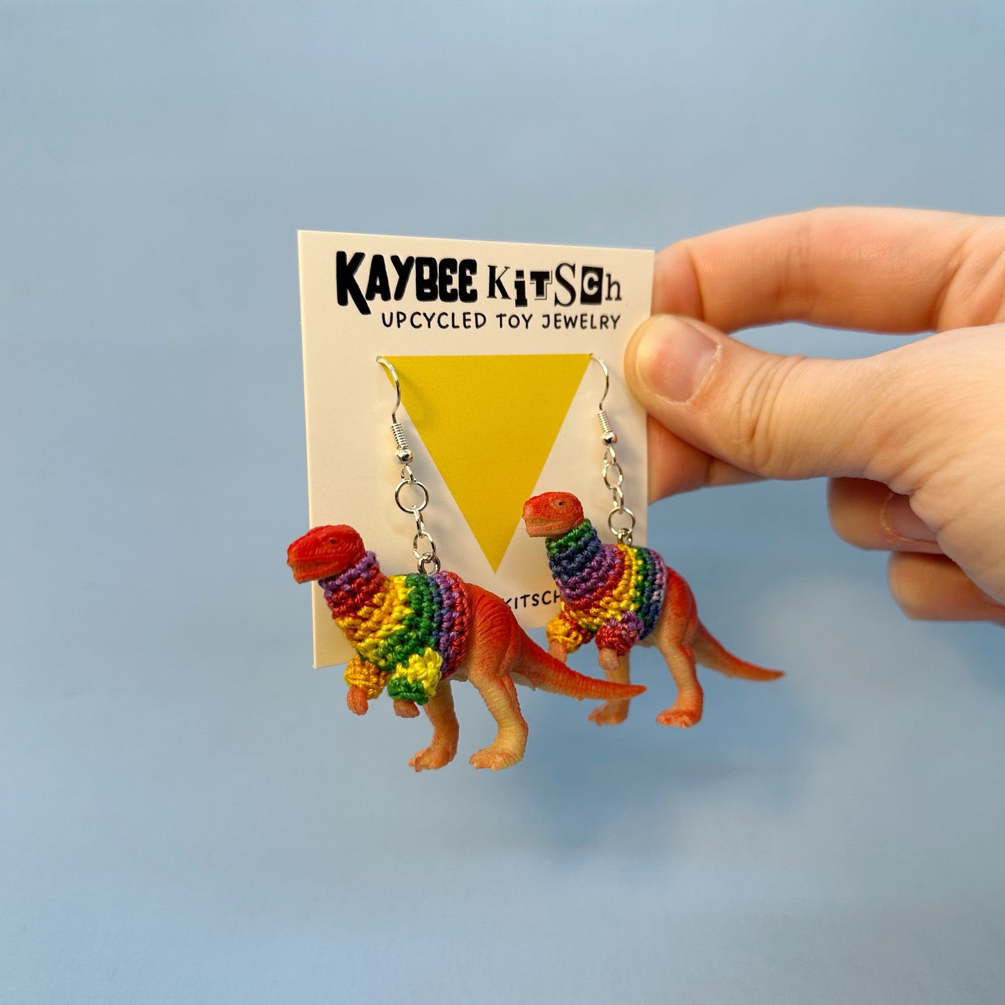 Red Dinosaur Large "Sweater Friend" Earrings - Rainbow Sweaters