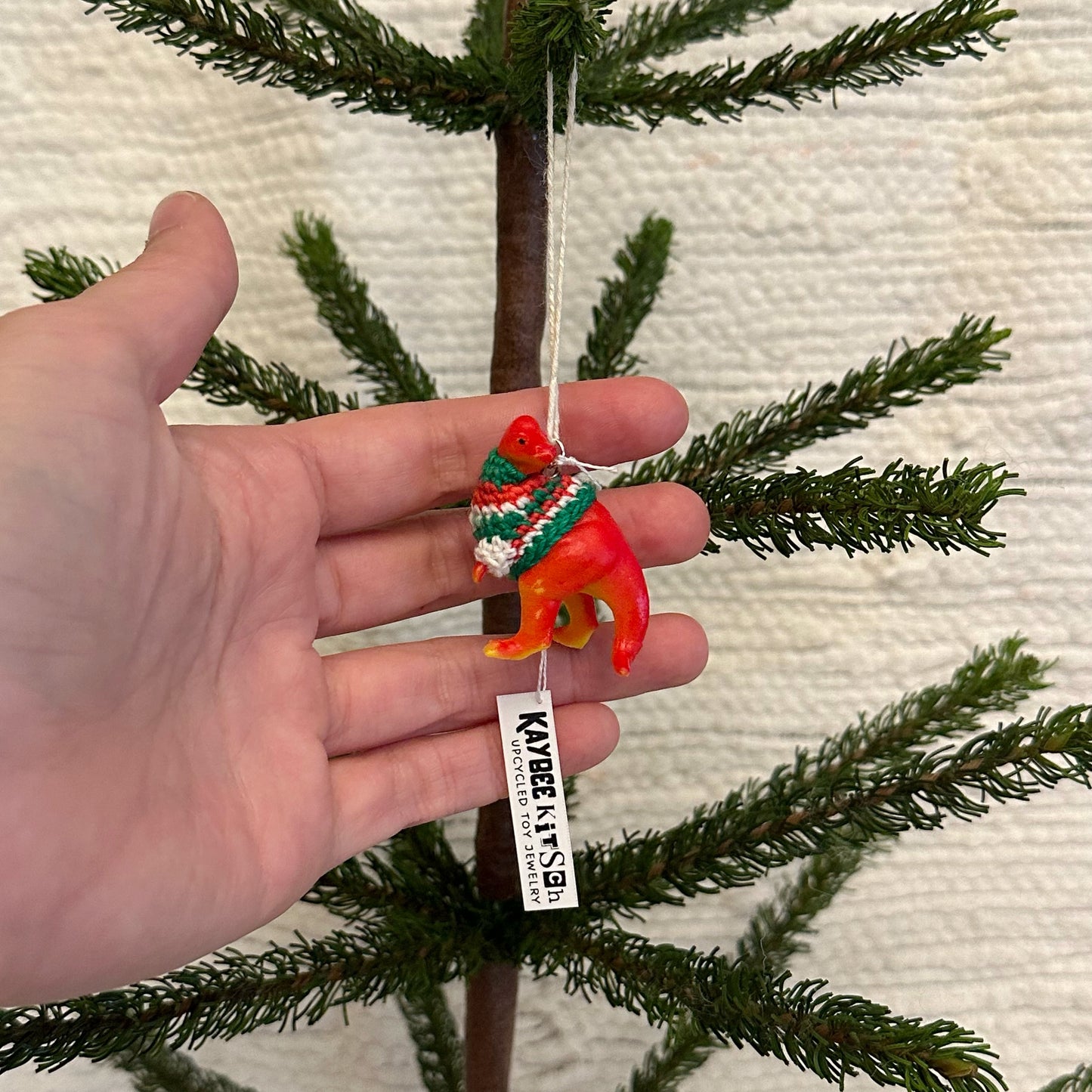 Red Dinosaur "Sweater Friend" Ornament - Xmas sweater