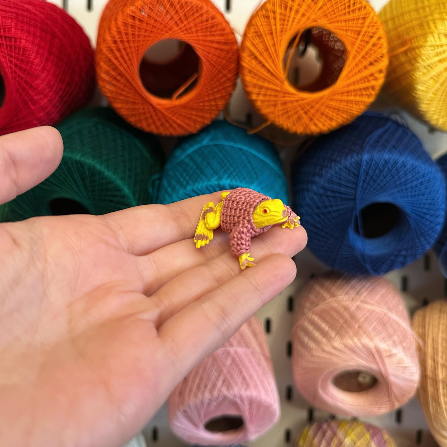 Yellow Frog “Sweater Friend” Figurine - dusty pink sweater