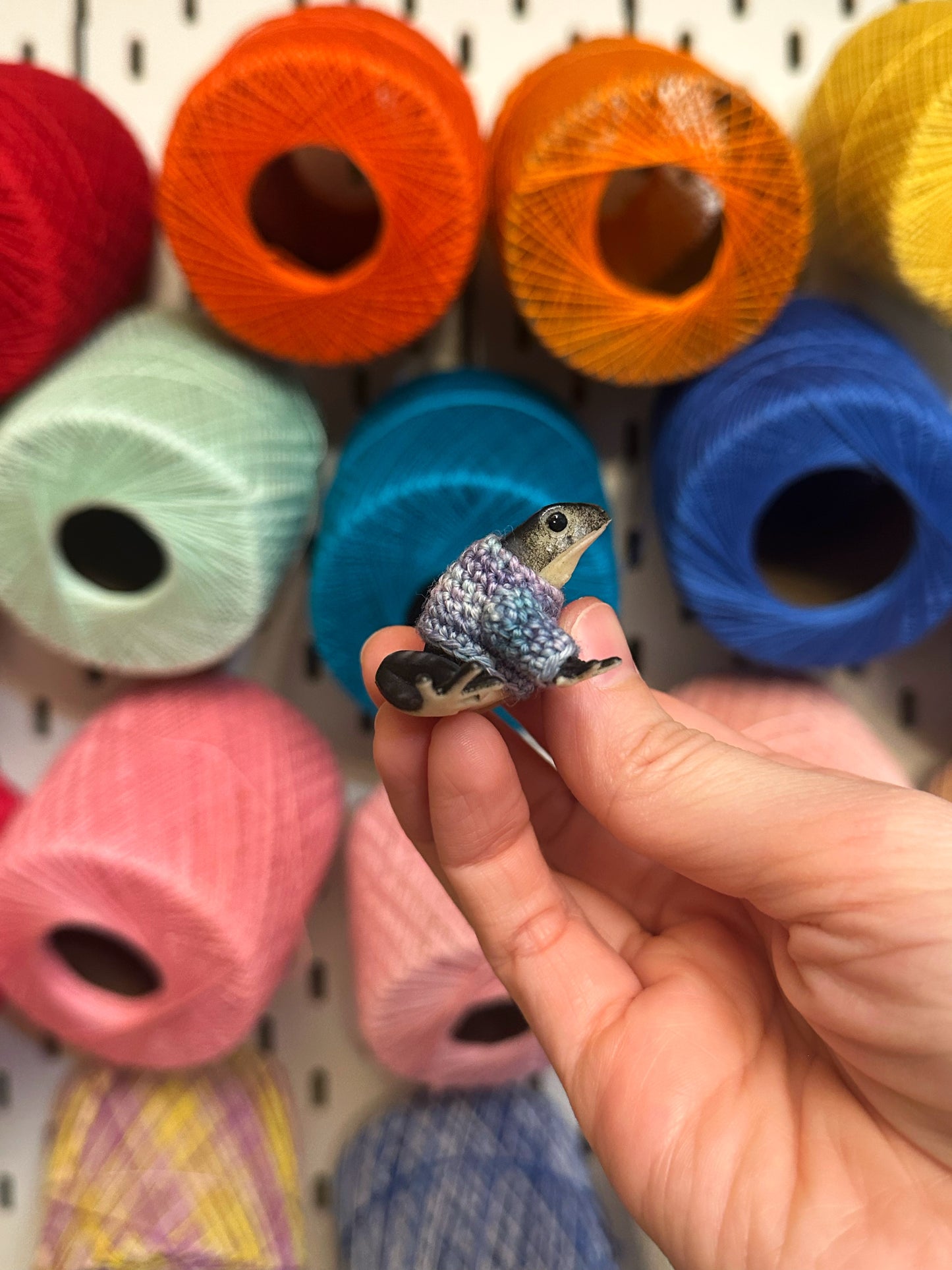 Black and Purple Frog "Sweater Friend" Figurine - upgrade into a magnet or key chain!