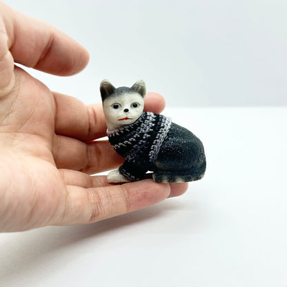 Black & White Cat "Sweater Friend" Figurine - Black & Gray Sweater