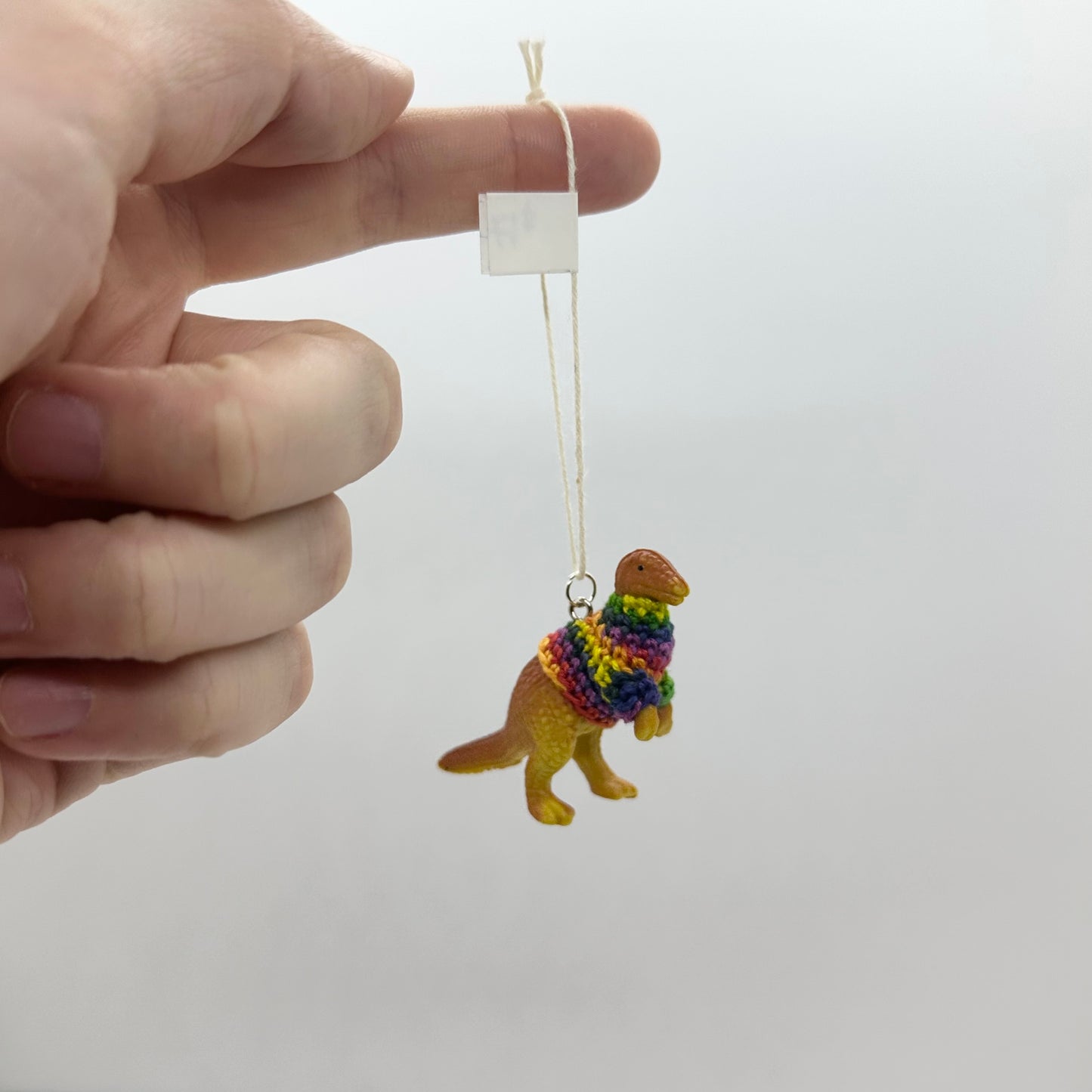 Dinosaur "Sweater Friend" Ornament - upright dinosaur with rainbow sweater