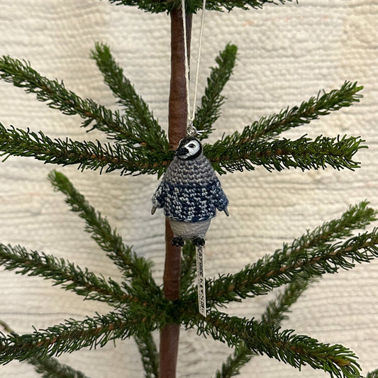 Penguin Chick "Sweater Friend" Ornament - blue/gray sweater