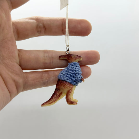 Dinosaur "Sweater Friend" Ornament - horn-head with blue sweater