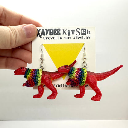 Red Dinosaur Large "Sweater Friend" Earrings - Rainbow Sweaters