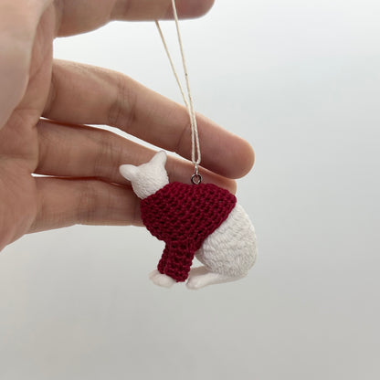 Cat “Sweater Friend” Ornament - white rex cat, red sweater