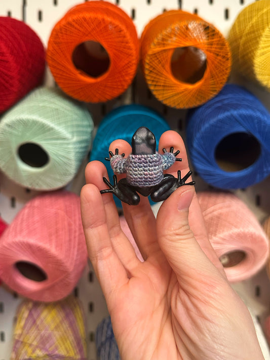 Black and Purple Frog "Sweater Friend" Figurine - upgrade into a magnet or key chain!