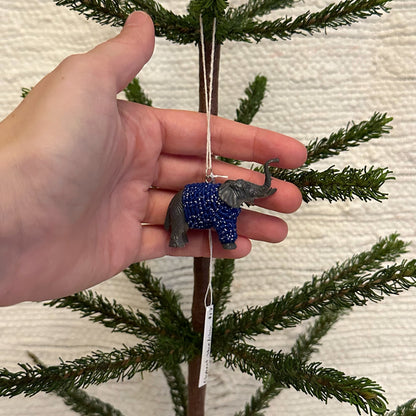 Elephant "Sweater Friend" Ornament - blue/silver sweater