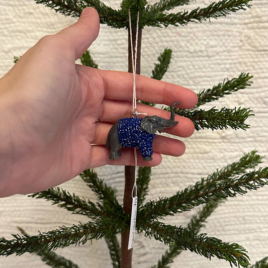 Elephant "Sweater Friend" Ornament - blue/silver sweater