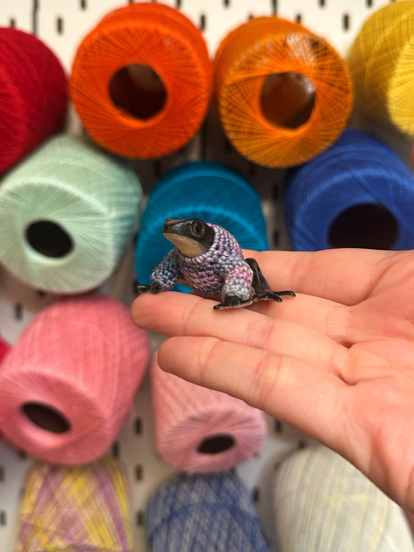 Black and Purple Frog "Sweater Friend" Figurine - upgrade into a magnet or key chain!