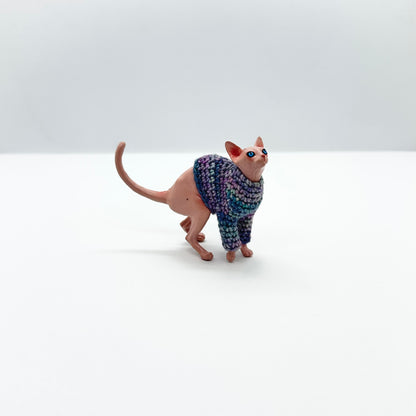 Sphynx Cat "Sweater Friend" Figurine - Dusty Blue & Purple Sweater