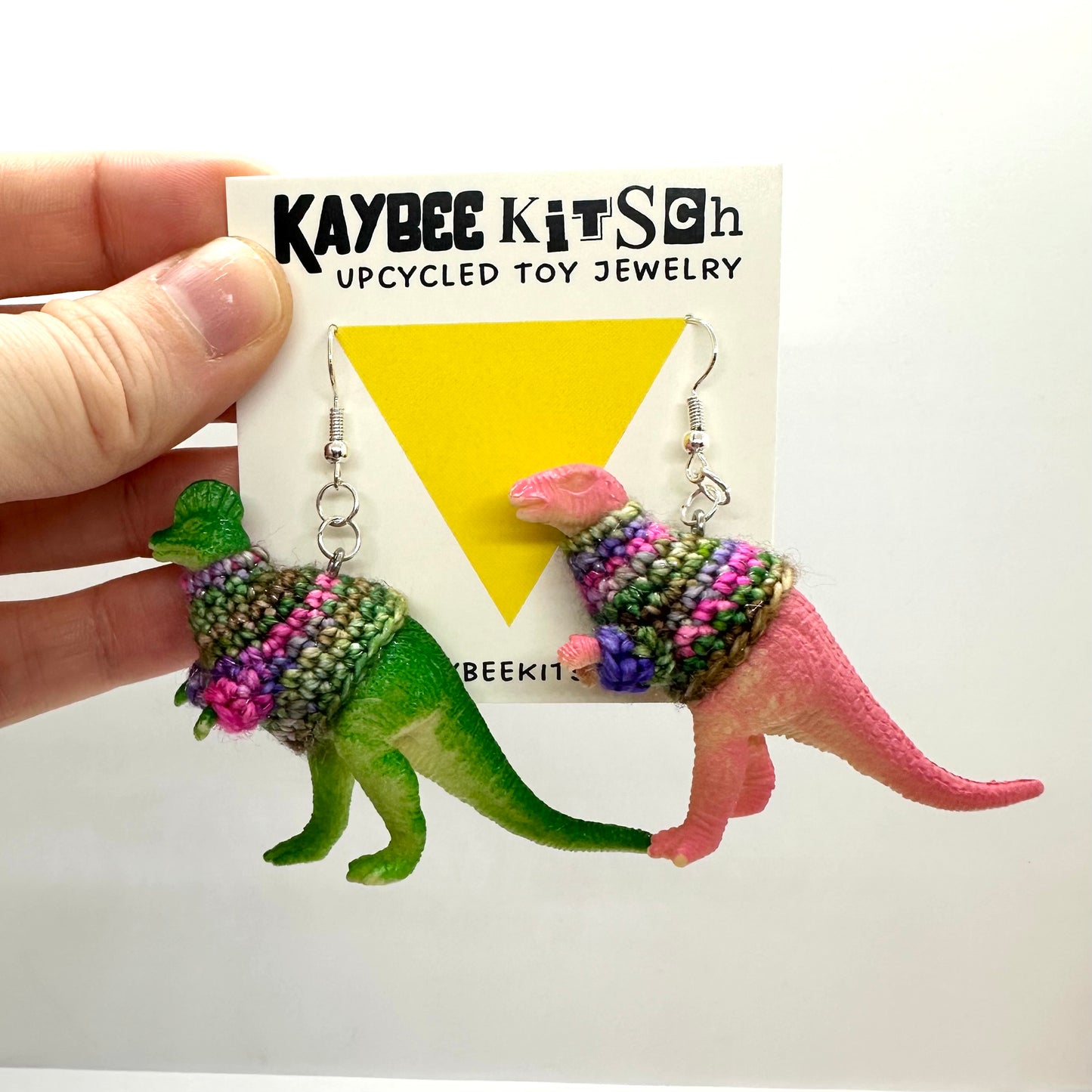 Pink and Green Dinosaur Large "Sweater Friend" Earrings - Kaylee Sweaters