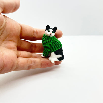 Black & White Cat "Sweater Friend" Figurine - Green Sweater