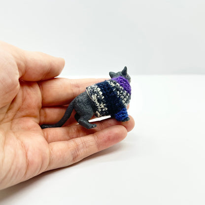 Gray Cat "Sweater Friend" Figurine - Purple/Blue/White/Gray Sweater