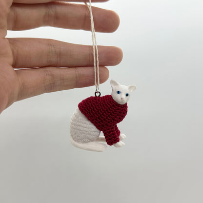 Cat “Sweater Friend” Ornament - white rex cat, red sweater