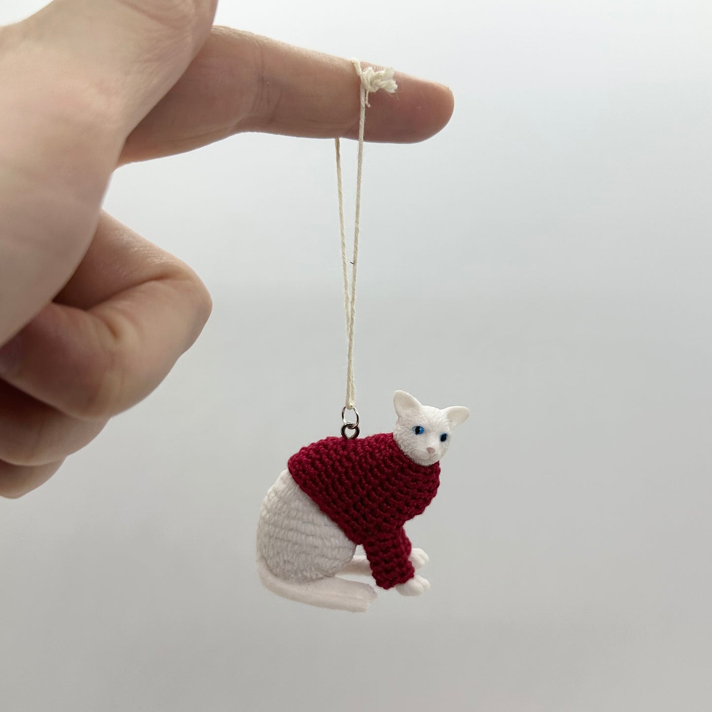 Cat “Sweater Friend” Ornament - white rex cat, red sweater