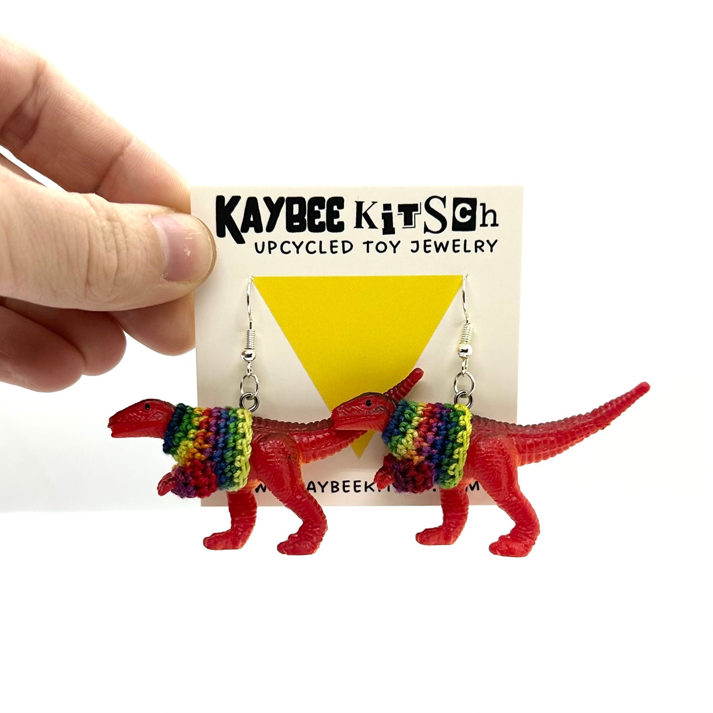 Red Dinosaur Large "Sweater Friend" Earrings - Rainbow Sweaters